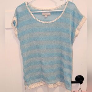 Carolyn Taylor Blue and White Striped Top With Lace Trim